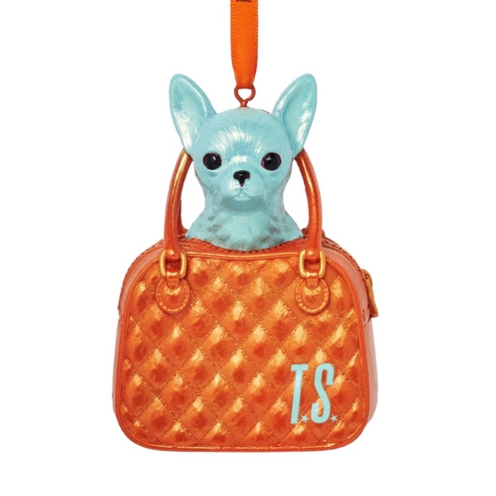 Taylor Swift toy Chihuahua barking at me from a tiny purse Christmas ornament